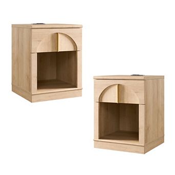 18" Wooden Nightstand set of 2 with Charging Station, Bedside Table w/ Drawer Storage, Open Shelf
