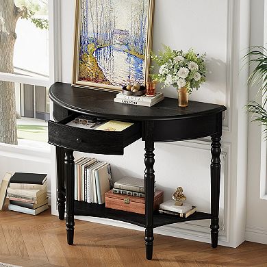 Half Moon Console Table with Drawer & Shelf