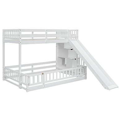 Whisen Twin Over Full Wooden Bunk Bed with Slide, Storage Staircase and Safety Guardrails