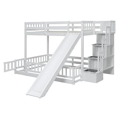 Whisen Twin Over Full Wooden Bunk Bed with Slide, Storage Staircase and Safety Guardrails