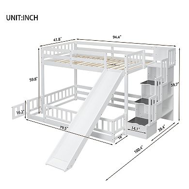 Whisen Twin Over Full Wooden Bunk Bed with Slide, Storage Staircase and Safety Guardrails