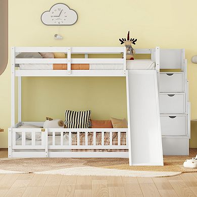 Whisen Twin Over Full Wooden Bunk Bed with Slide, Storage Staircase and Safety Guardrails