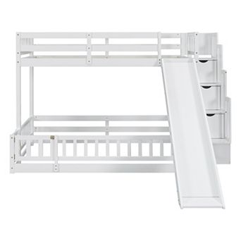 Whisen Twin Over Full Wooden Bunk Bed with Slide, Storage Staircase and Safety Guardrails