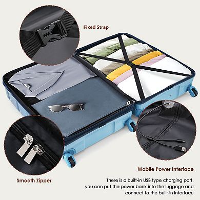 Hardside 5 Piece Spinner Luggage Set with Travel Bag, 20-inch with USB Port Carry on Suitcase