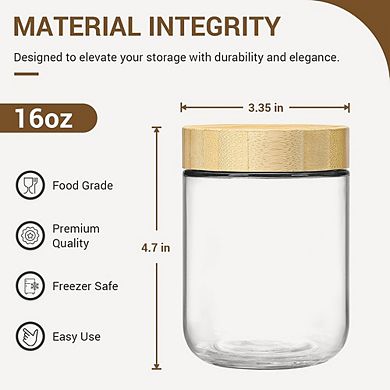 4-Pack 16oz Glass Jars with Airtight 100% Bamboo Lids for Food Storage