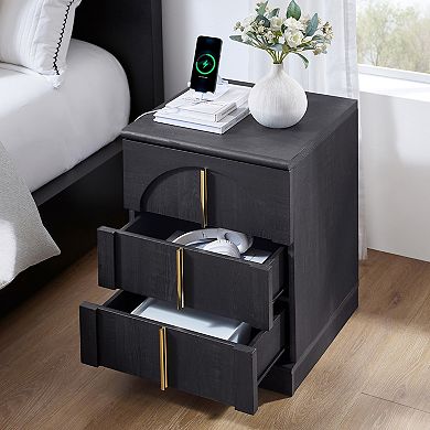 18" Nightstand Set of 2 w/Charging Station, Side Table w/ 3 Storage Drawers, Bedside End Table