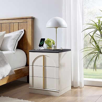 18" Nightstand Set of 2 w/Charging Station, Side Table w/ 3 Storage Drawers, Bedside End Table