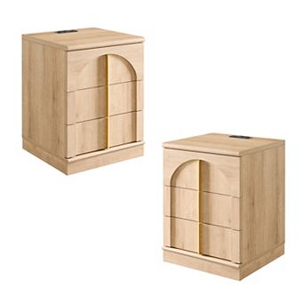 18" Nightstand Set of 2 w/Charging Station, Side Table w/ 3 Storage Drawers, Bedside End Table