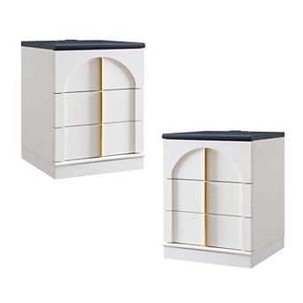 18" Nightstand Set of 2 w/Charging Station, Side Table w/ 3 Storage Drawers, Bedside End Table