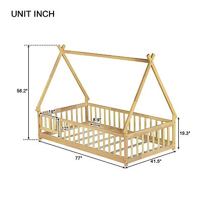 Whisen Tent-shaped Floor Bed with Guardrails, Slats and Door