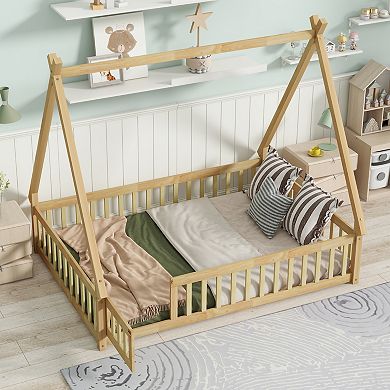 Whisen Tent-shaped Floor Bed with Guardrails, Slats and Door