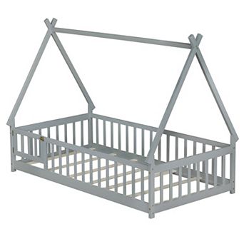 Whisen Tent-shaped Floor Bed with Guardrails, Slats and Door