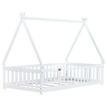 Whisen Tent-shaped Floor Bed with Guardrails, Slats and Door