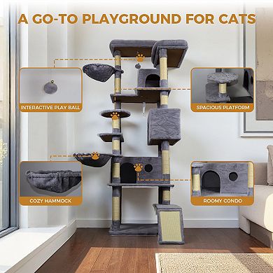 Whisen Cat Tree with Hinding Condo, 11 Sisal Scratching Post, Ladder, Hammocks, Top Platform