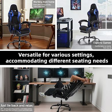 Racing-Style Gaming Chair with PU Leather, Retractable Footrest & Lumbar Support