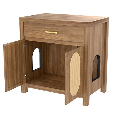 Whisen 31.5" Cat Litter Box Enclosure with Scratching Board Doors and Storage Drawer