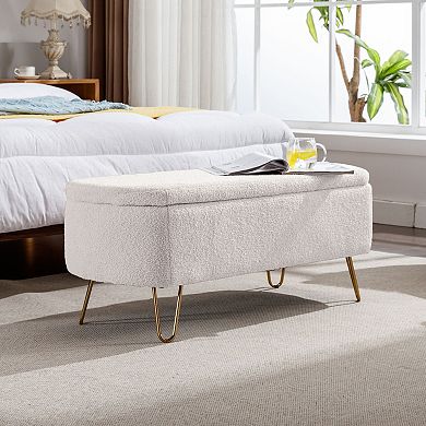 Faux Fur Storage Ottoman Bench with Gold Legs, End of Bed & Entryway