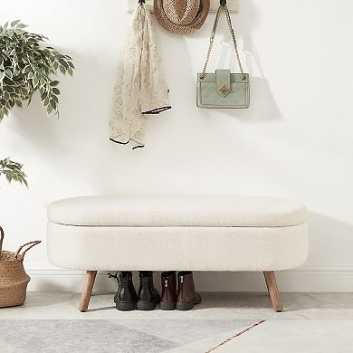 Oval Boucle Storage Ottoman Bench with Wood Legs