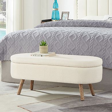 Oval Boucle Storage Ottoman Bench with Wood Legs