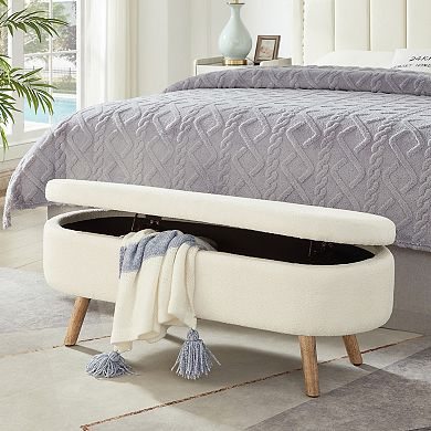 Oval Boucle Storage Ottoman Bench with Wood Legs