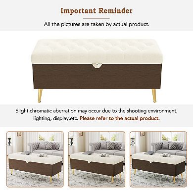 Boucle Storage Ottoman Bench, Tufted Design with Gold Metal Legs