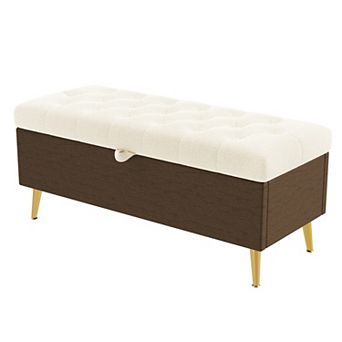 Boucle Storage Ottoman Bench, Tufted Design with Gold Metal Legs