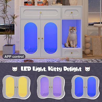 Whisen 37.4" Cat Litter Box Enclosure with LED Light and Storage Drawers