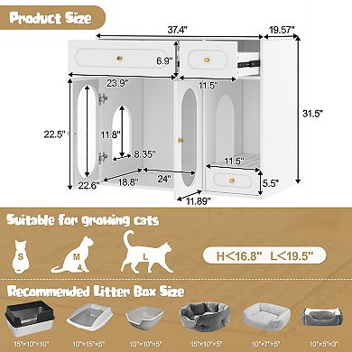 Whisen 37.4" Cat Litter Box Enclosure with LED Light and Storage Drawers