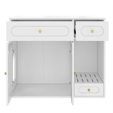 Whisen 37.4" Cat Litter Box Enclosure with LED Light and Storage Drawers