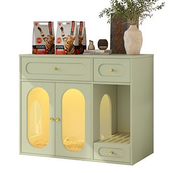 Whisen 37.4" Cat Litter Box Enclosure with LED Light and Storage Drawers