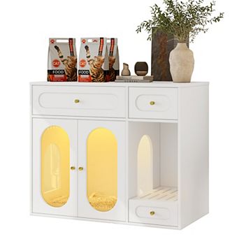 Whisen 37.4" Cat Litter Box Enclosure with LED Light and Storage Drawers