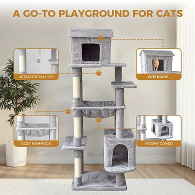 Whisen Cat Tree with Cat House, Hammock, Scratching Posts