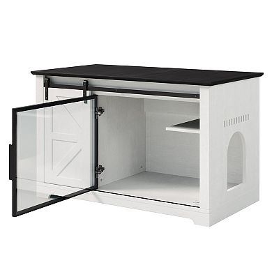 Whisen 46" Cat Litter Box Enclosure with Sliding Barn Door, Storage Cabinet and LED Light