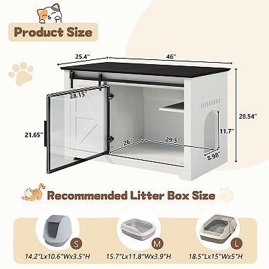 Whisen 46" Cat Litter Box Enclosure with Sliding Barn Door, Storage Cabinet and LED Light