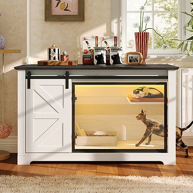 Whisen 46" Cat Litter Box Enclosure with Sliding Barn Door, Storage Cabinet and LED Light