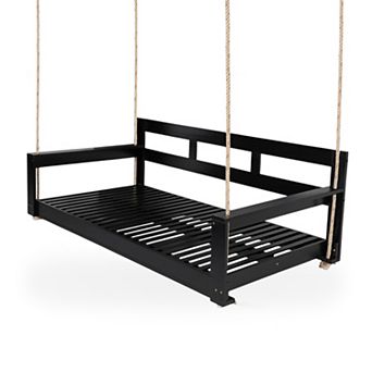 Whisen Outdoor Wooden Twin Size Porch Swing Daybed Frame with 4 Hanging Ropes