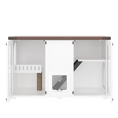 Whisen 47.25" Cat Litter Box Enclosure with LED Light, Stairs and Cat Scratching Post