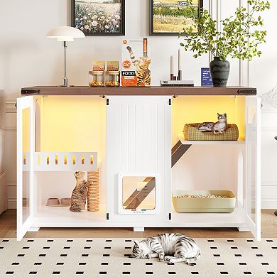 Whisen 47.25" Cat Litter Box Enclosure with LED Light, Stairs and Cat Scratching Post