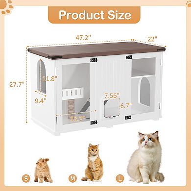 Whisen 47.25" Cat Litter Box Enclosure with LED Light, Stairs and Cat Scratching Post