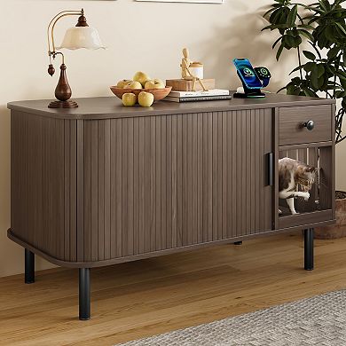 Whisen 37.4" Cat Litter Box Enclosure with Sliding Door, Storage Drawer and Charging Station
