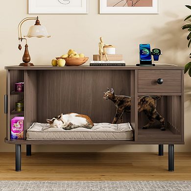 Whisen 37.4" Cat Litter Box Enclosure with Sliding Door, Storage Drawer and Charging Station