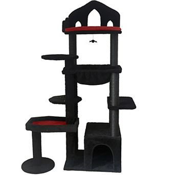 Whisen Black Gothic Cat Tree with Scratching Posts, Perches, Hammock, Interactive Toy and Cat Cave