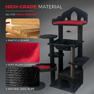 Whisen Black Gothic Cat Tree with Scratching Posts, Perches, Hammock, Interactive Toy and Cat Cave