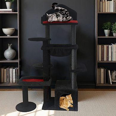 Whisen Black Gothic Cat Tree with Scratching Posts, Perches, Hammock, Interactive Toy and Cat Cave
