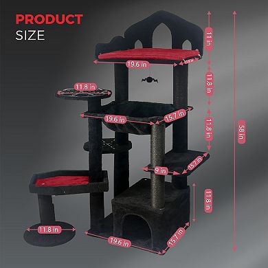Whisen Black Gothic Cat Tree with Scratching Posts, Perches, Hammock, Interactive Toy and Cat Cave