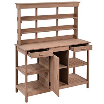 Whisen Wooden Potting Bench Table, Garden Workstation with 2 Drawers, Cabinet and Open Shelves