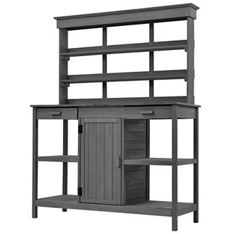 Whisen Wooden Potting Bench Table, Garden Workstation with 2 Drawers, Cabinet and Open Shelves