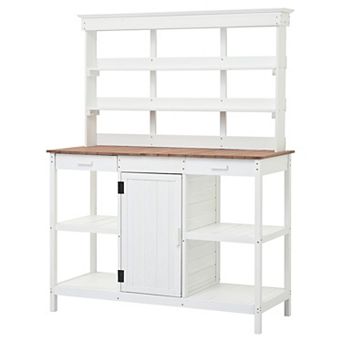 Whisen Wooden Potting Bench Table, Garden Workstation with 2 Drawers, Cabinet and Open Shelves