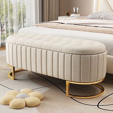 Velvet Storage Ottoman with Button Tufting and Metal Legs