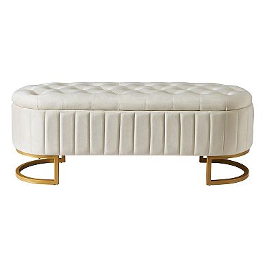 Velvet Storage Ottoman with Button Tufting and Metal Legs